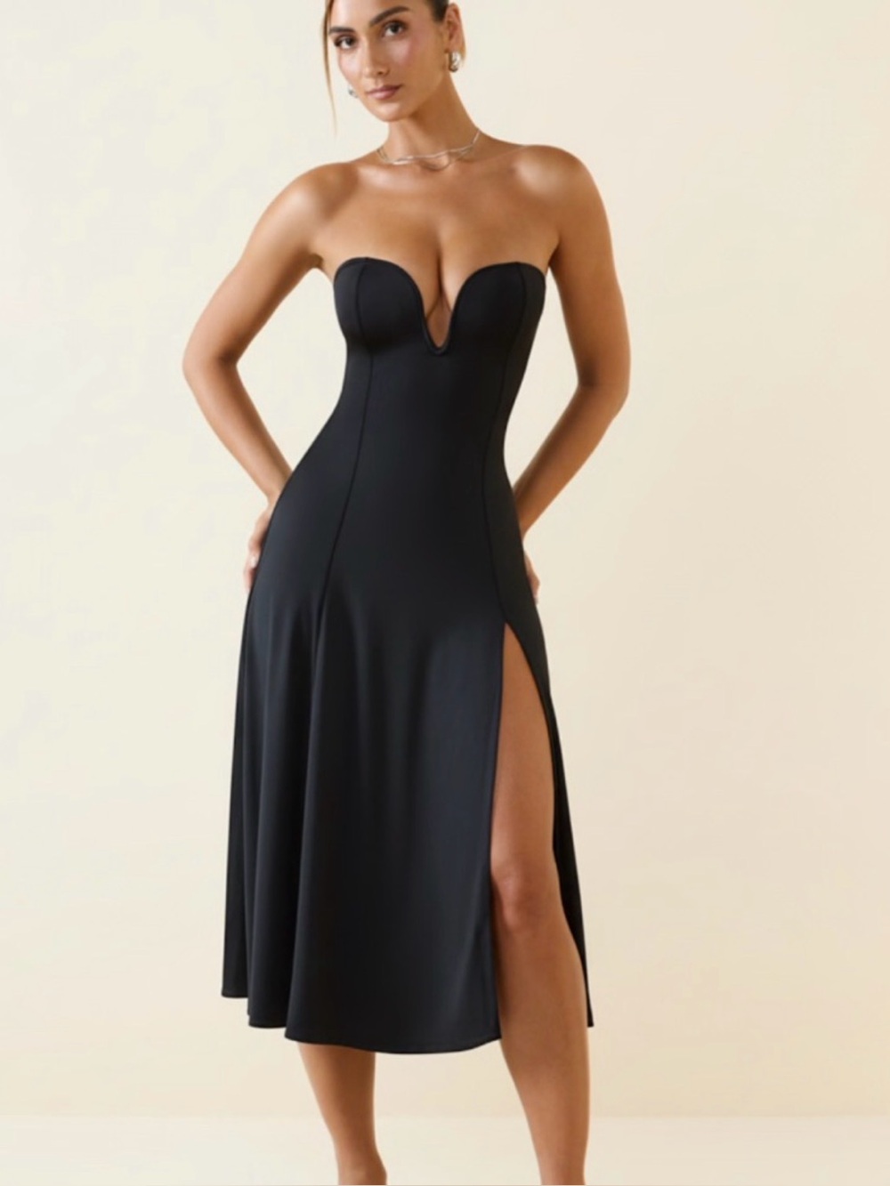 Ohpolly Black Midi Dress with Front Slit